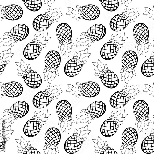 Seamless pattern of cartoon pineapple. Drawing fruit on a white background. Eco texture for color books.