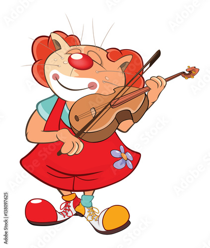  Illustration of a Cute Cat Clown Violinist. Cartoon Character