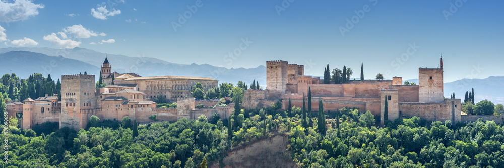 Alhambra in Granada, Andalusia. View of the world famous Alhambra with its Arab palaces and walls in southern Spain.