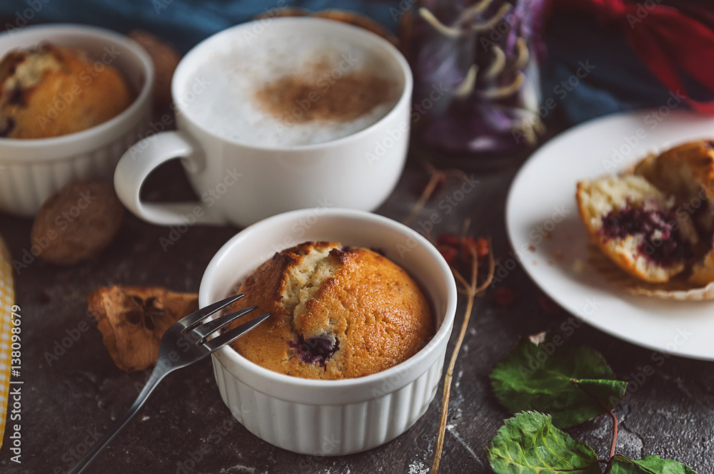 spring breakfast with muffins in rustic style