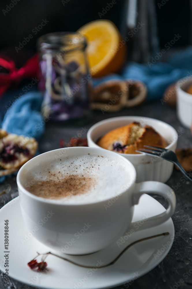 spring breakfast with muffins in rustic style spring breakfast with muffins in rustic style