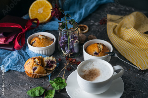 spring breakfast with muffins in rustic style