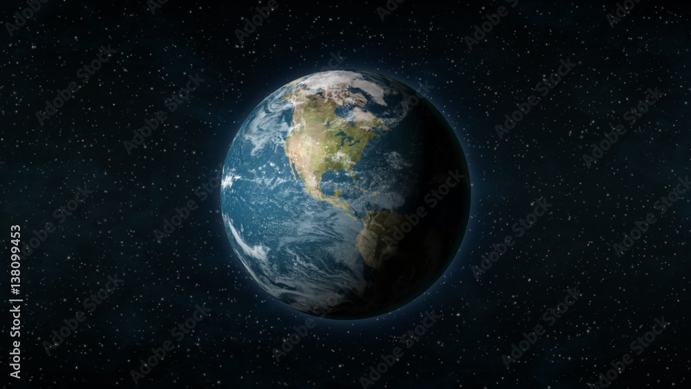 Fototapeta premium Realistyczna Ziemia skoncentrowana na kontynencie północnoamerykańskim, z gwiazdami w tle