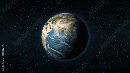 Realistic Earth centered on the Asian continent, with stars in the background