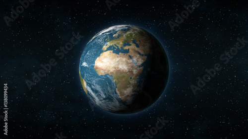 Realistic Earth centered on the African and European continent, with stars in the background