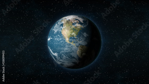 Realistic Earth centered on the North American continent, with stars in the background