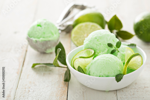 Lime ice cream in a white bowl