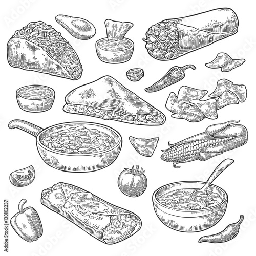 Mexican traditional food set with Guacamole, Enchilada, Burrito, Tacos, Nachos