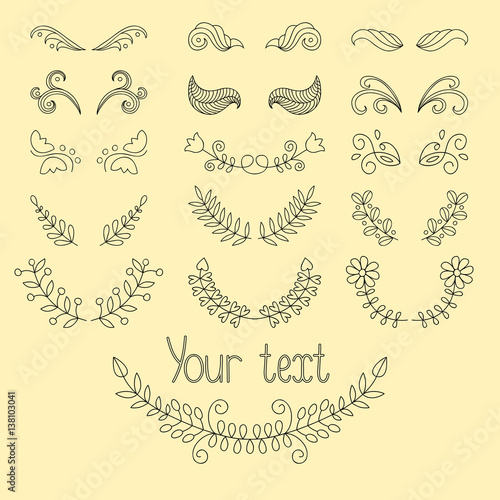 Big vector set: calligraphic design elements and page decoration with wreaths, lines dividers.