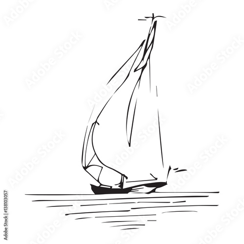 Sailing ship or boat in the ocean in ink line style. Hand sketched yacht. Marine theme design.