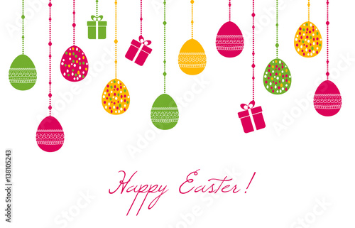 Easter vector greeting card with hanging eggs