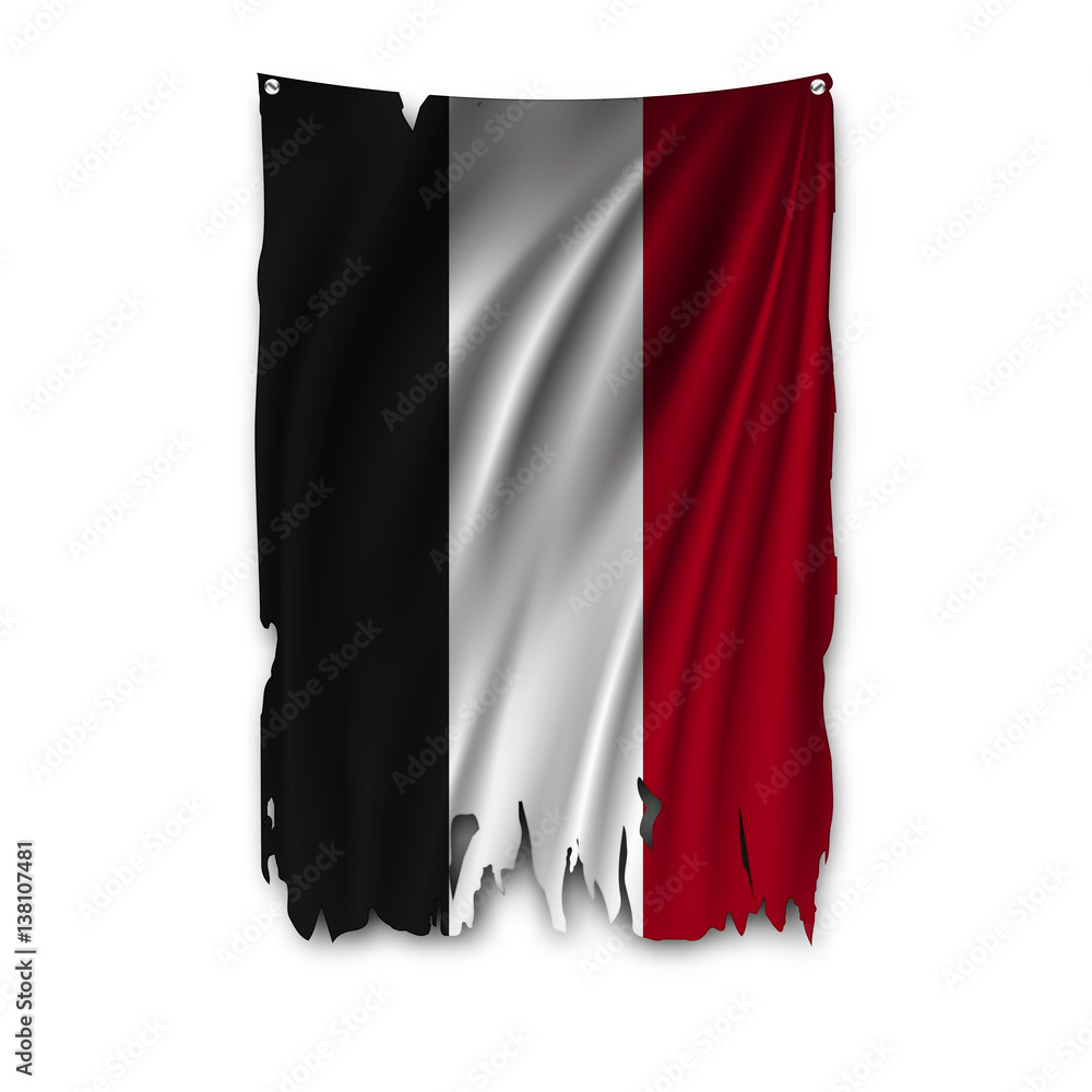 Torn by the wind national flag of Yemen. Ragged. The wavy fabric on white background. Realistic vector illustration.