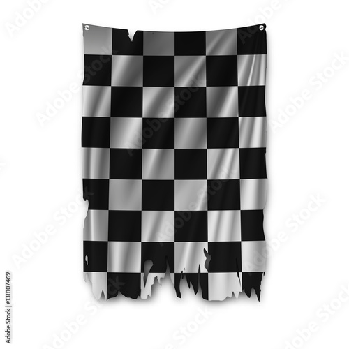 Torn by the wind checkered flag. Ragged. The wavy fabric on white background. Realistic vector illustration.