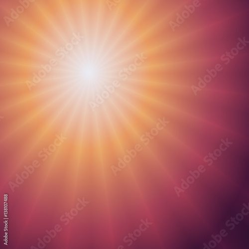 Background with the rising scarlet sun is located in the corner, light rays. Vector