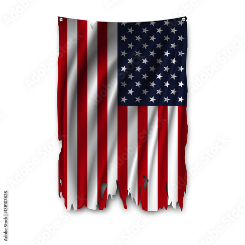 Torn by the wind national flag of USA. Ragged. The wavy fabric on white background. Realistic vector illustration.