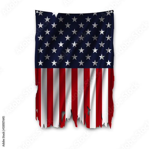 Torn by the wind national flag of USA. Ragged. The wavy fabric on white background. Realistic vector illustration.