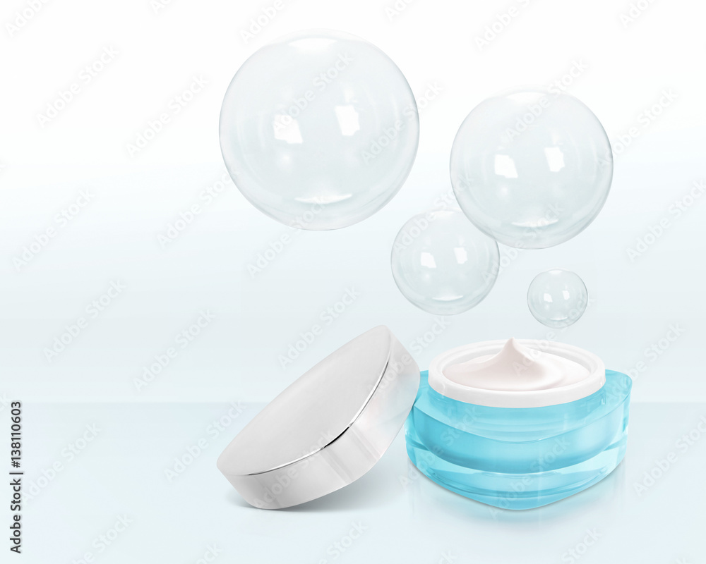 Blue triangle cosmetic jar on bubble background Blue triangle cosmetic jar on bubble background