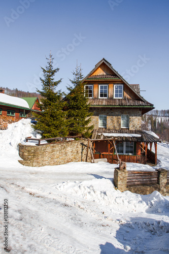 Wallpaper Mural Mountain cottage among forests in winter. Landscape in the Silesian Beskids Mountains, Poland Torontodigital.ca