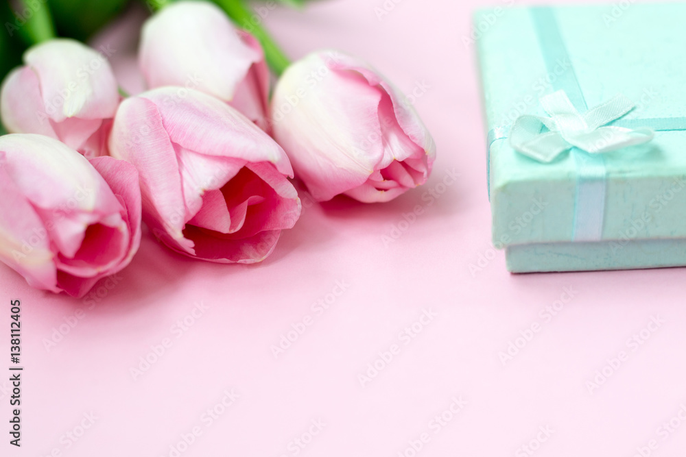 Pink tulips on the pink background with gift box. Flat lay, top view. Valentines background