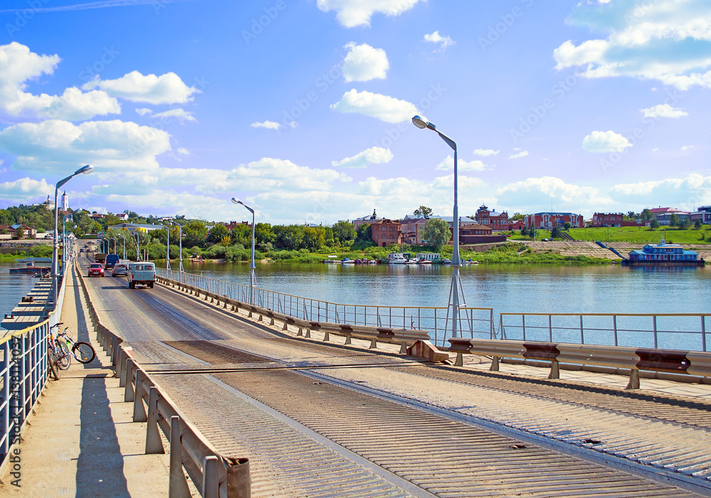 Pontoon bridge across the Oka river. Nizhny Novgorod region, Russia