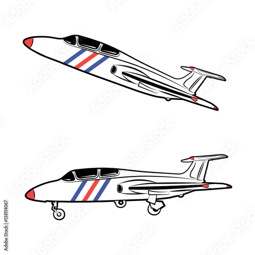 Vector illustration of a military aircraft in a static state and in flight on a white background