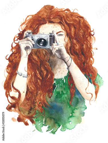 Girl shooting photograph taking picture holding camera watercolor painting illustration isolated on white background