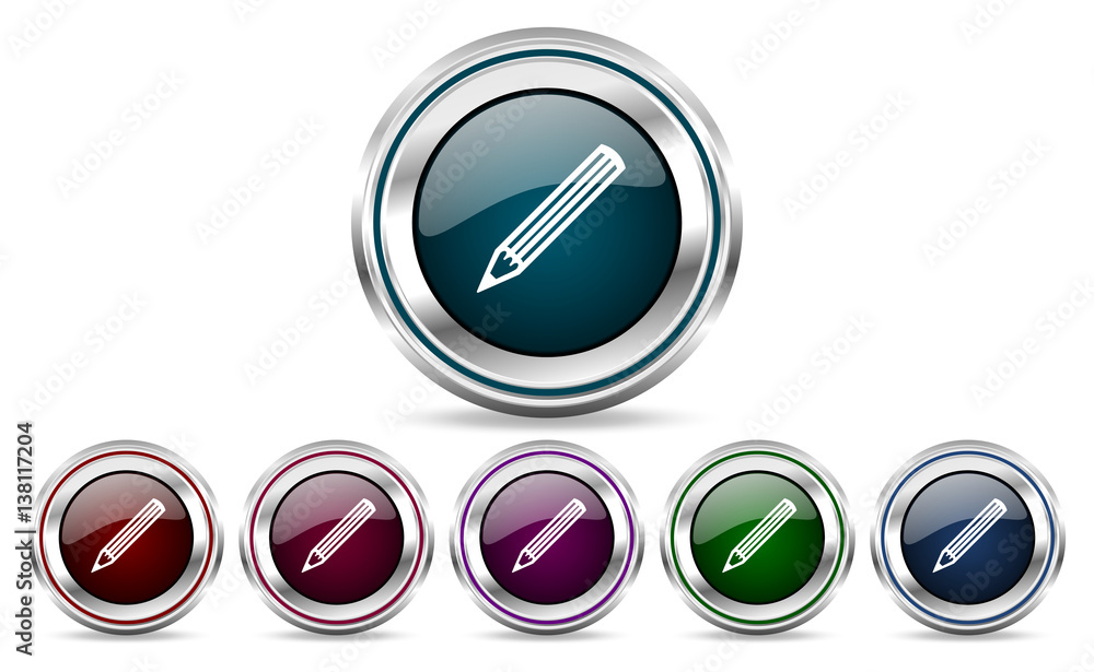 Pencil silver metallic web set of vector icons isolated on white background in eps 10.