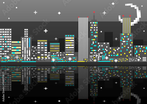 Pixel art night city card. Vector illustration