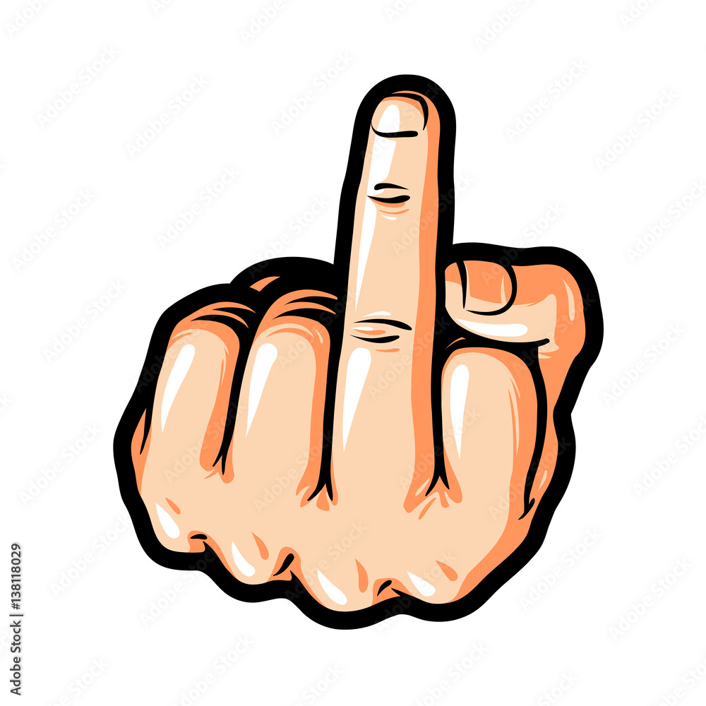 Hand gesture, Fuck You, symbol. Middle finger sign. Cartoon vector  illustration, sticker Stock Vector