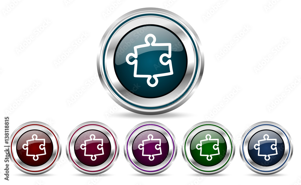 Puzzle silver metallic web set of vector icons isolated on white background in eps 10. Puzzle silver metallic web set of vector icons isolated on white background in eps 10.