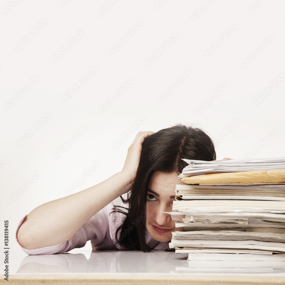 tired and exhausted woman working with documents (psychological portrait, aggression, anger, frustration) tired and exhausted woman working with documents (psychological portrait, aggression, anger, frustration)