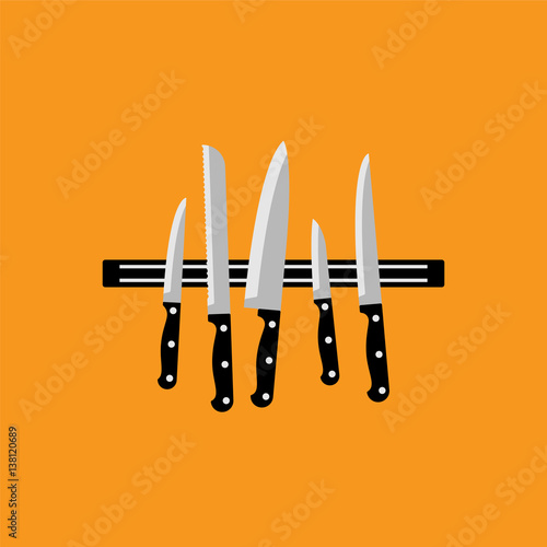 Set of knives on magnetic holder. Illustration in flat style