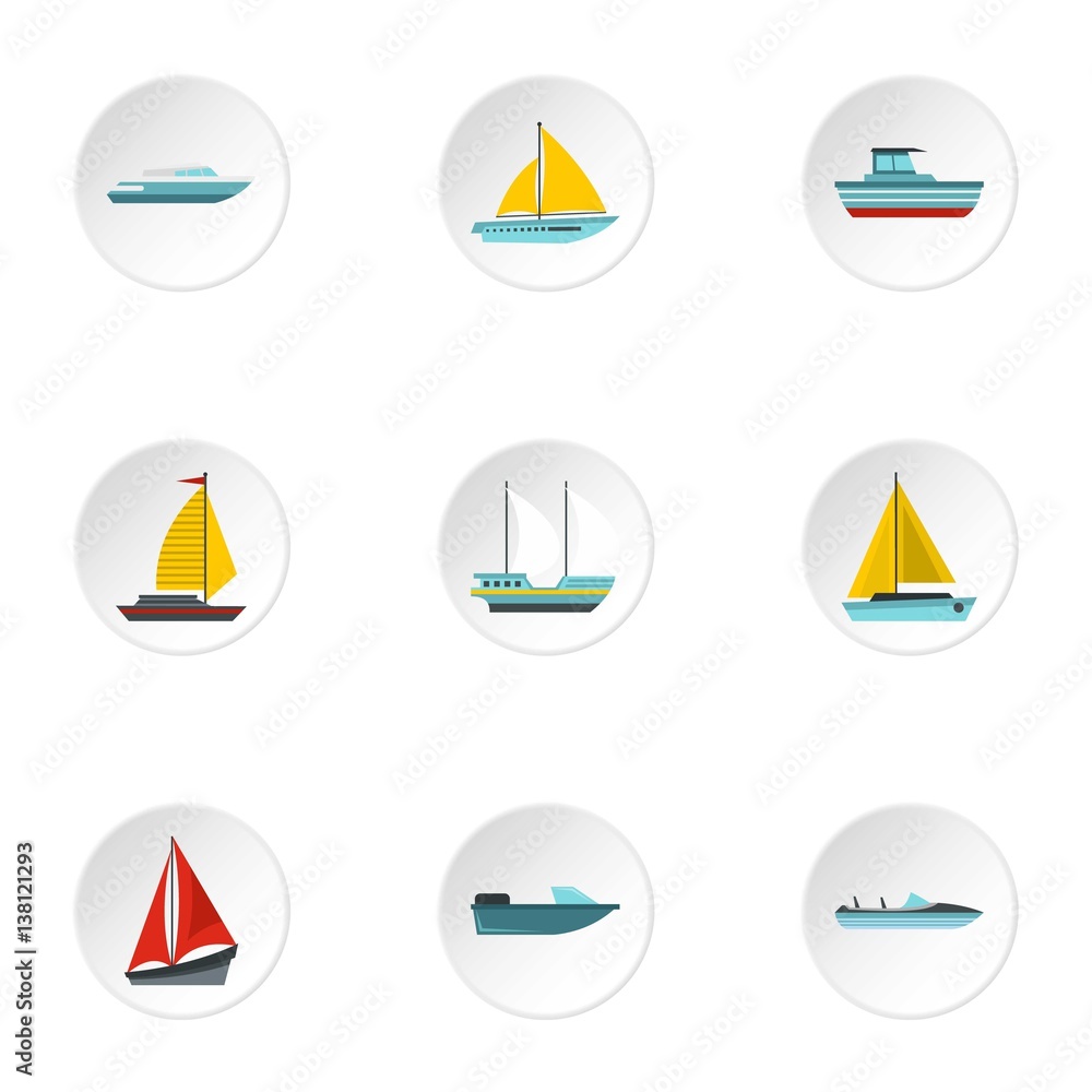Ocean transport icons set, flat style Ocean transport icons set, flat style