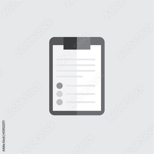 Clipboard folder with blank white sheet of paper. Black and white icon.