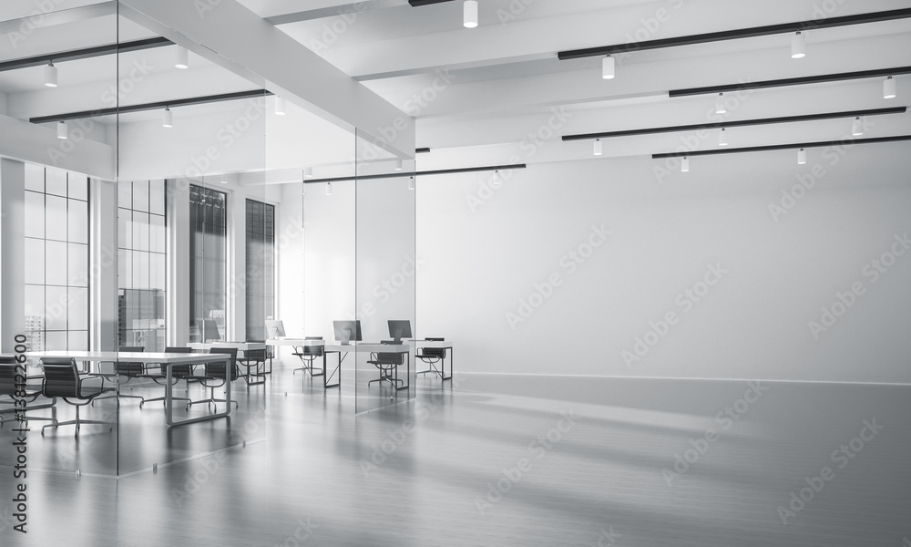 Office interior design in whire color and rays of light from win