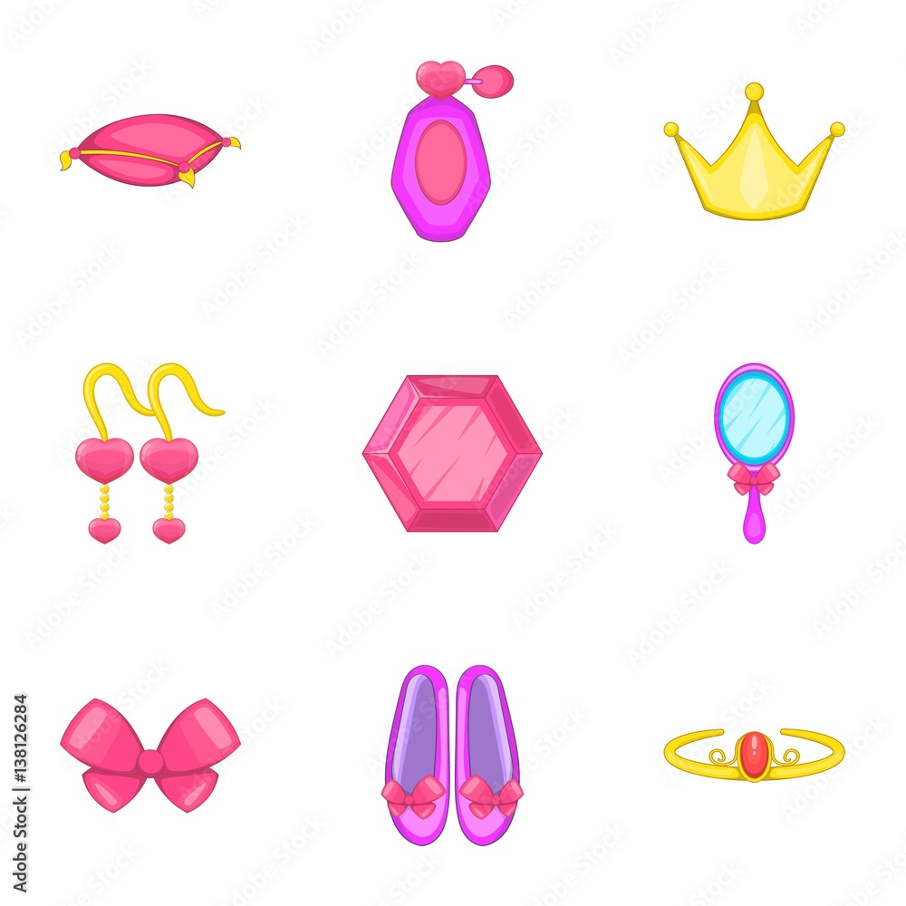 Little girl accessories icons set, cartoon style