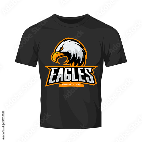 Furious eagle sport vector logo concept isolated on black t-shirt mockup. Modern web infographic New York Brooklyn team pictogram.
Premium quality wild bird t-shirt tee print illustration.