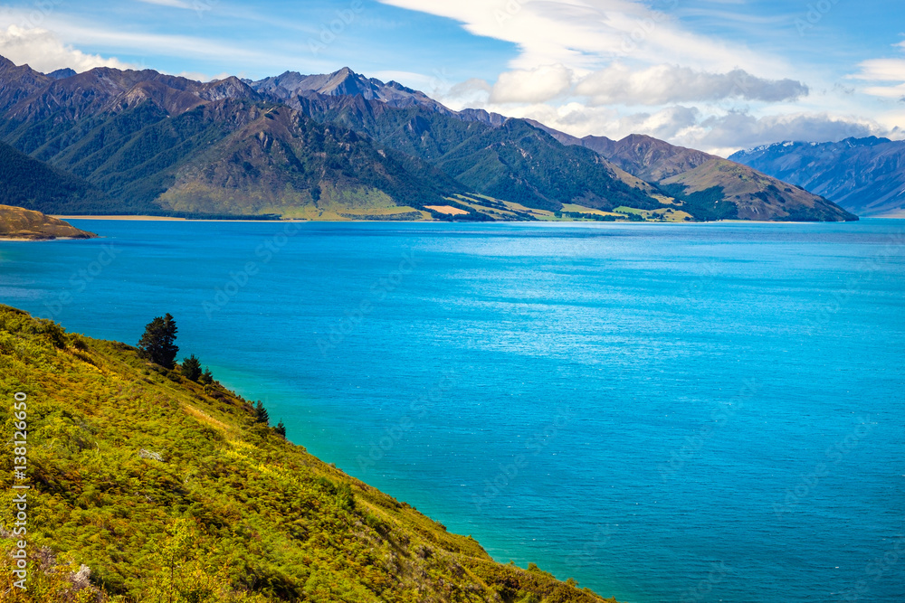 Landscape view of Lake Hawea and mountains, Otago, New Zealand