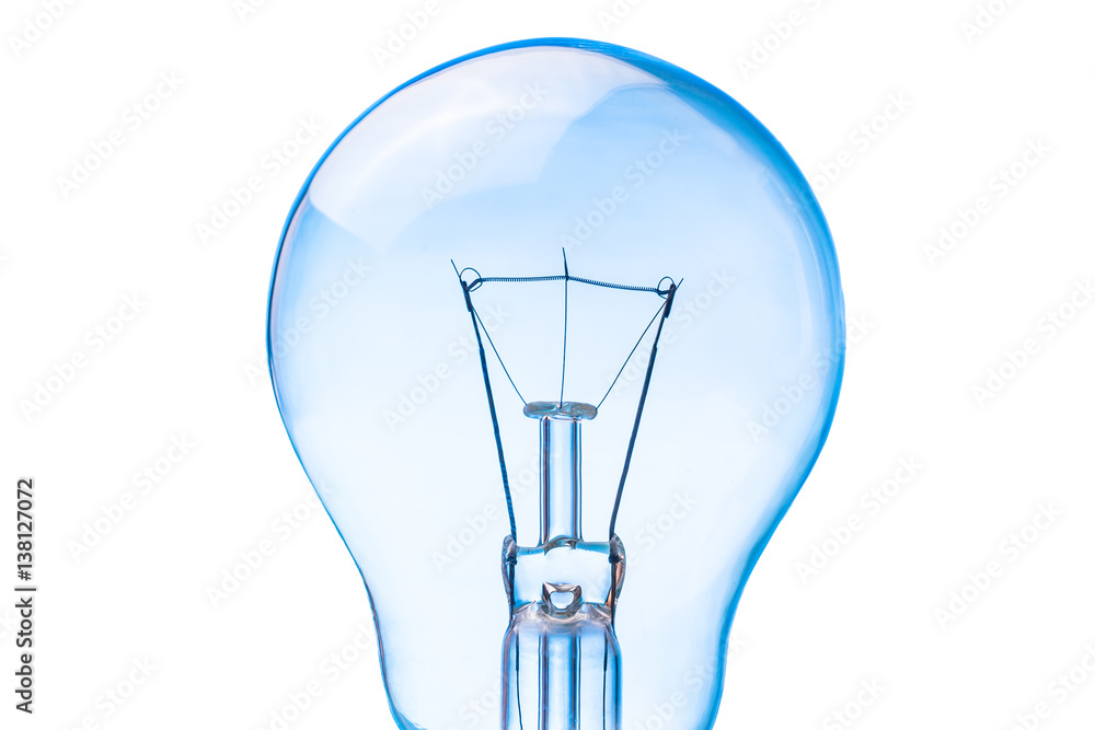 Blue colored light bulb isolated on white.