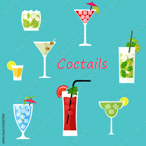 Set tropical cocktails in a flat style. Vector illustration
