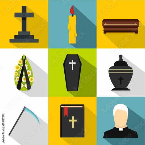 Burial icons set, flat style