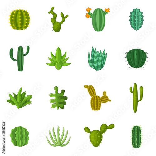 Green cactuses icons set, cartoon style