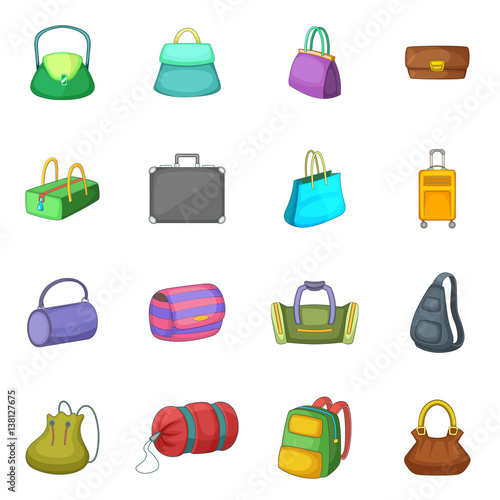 Different bagage icons set, cartoon style