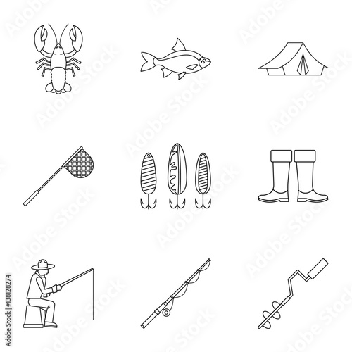 Fishing icons set, outline style