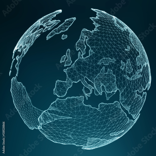 Floating white and blue planet earth network 3D rendering
