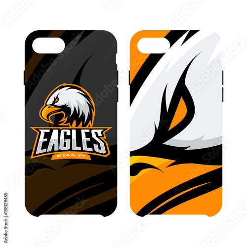Furious eagle sport vector logo concept smart phone case isolated on white background.
Premium quality wild bird artwork cell phone cover illustration