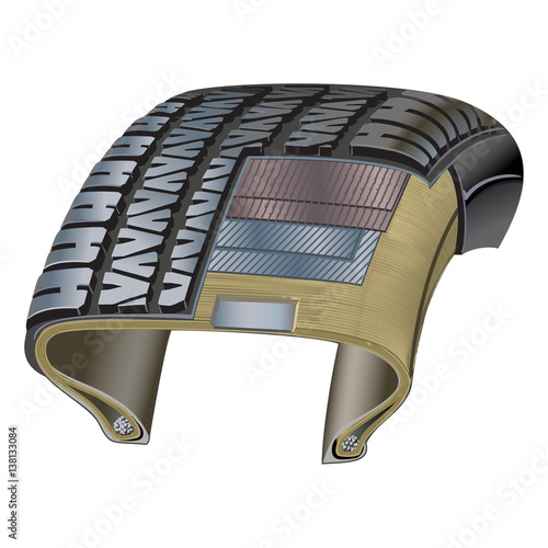 Tire cross-section illustration showing various layers and materials used to form it's construction & resilience.