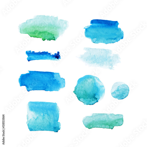 Set of watercolor spots in blue and green colors isolated on white background. Vector collection.
