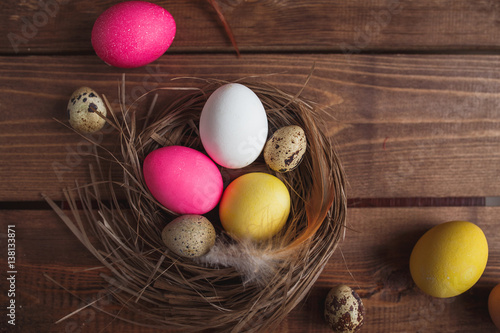 Easter eggs  on rustic wooden  background .
