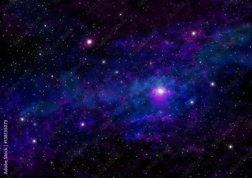 Night Sky with Stars and Purple Blue Nebula. Space Background.